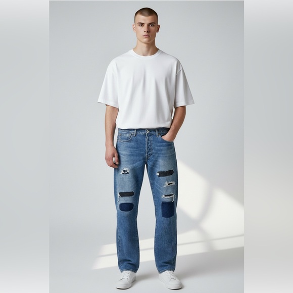 Levis 501 Original Fit Straight Leg Button Fly Retro Style Patchwork Denim Jeans